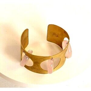 Sister Secrets Cuff Bracelet Rose Pink Quartz Brushed Gold Plated Signed Vtg